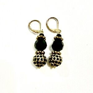 Vintage Black Onyx and  Gold Tone Drop Down Beaded Earrings